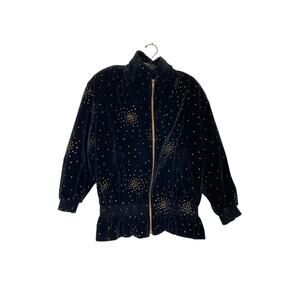 Portrait Vintage Black & Metallic Gold Fleck Peplum Velour Jacket Zipper Sz Lg